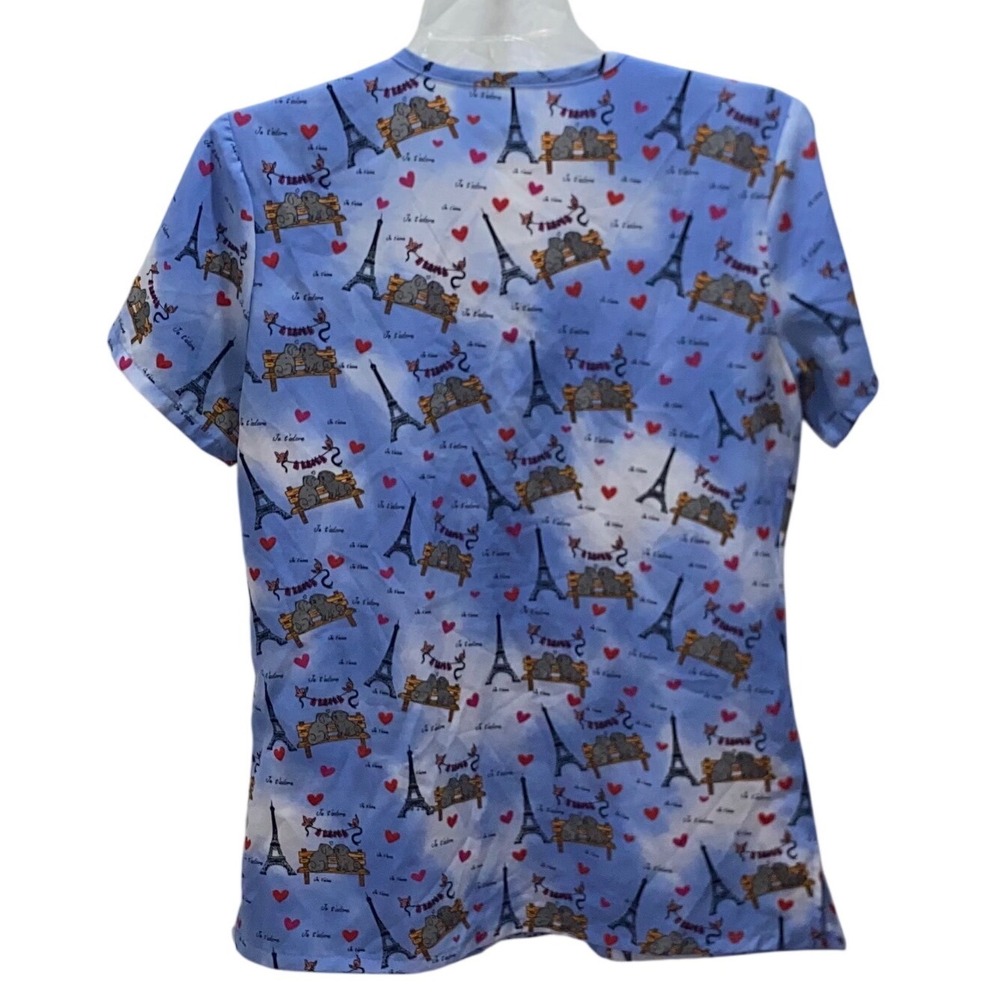 Blue‎ Paris Eiffel Tower Dog Print V-Neck Scrub Top Women Small Je T'adore - Picture 7 of 7